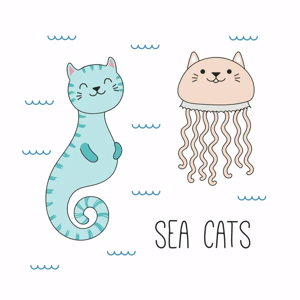 일러스트 어린이 인쇄에 디자인 바다에서 해파리와 그려진된 귀여운 고양이 — 스톡 벡터