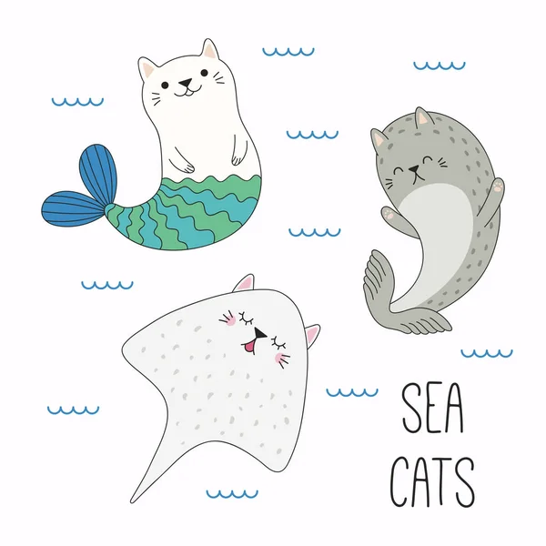 Dibujado Mano Kawaii Divertido Gato Sirena Raya Con Foca Natación — Vector de stock