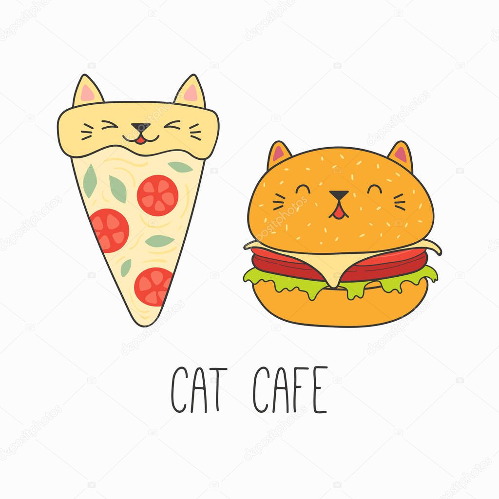 Hand drawn vector illustration of kawaii funny pizza slice and burger with cat faces and ears, Design concept for children print