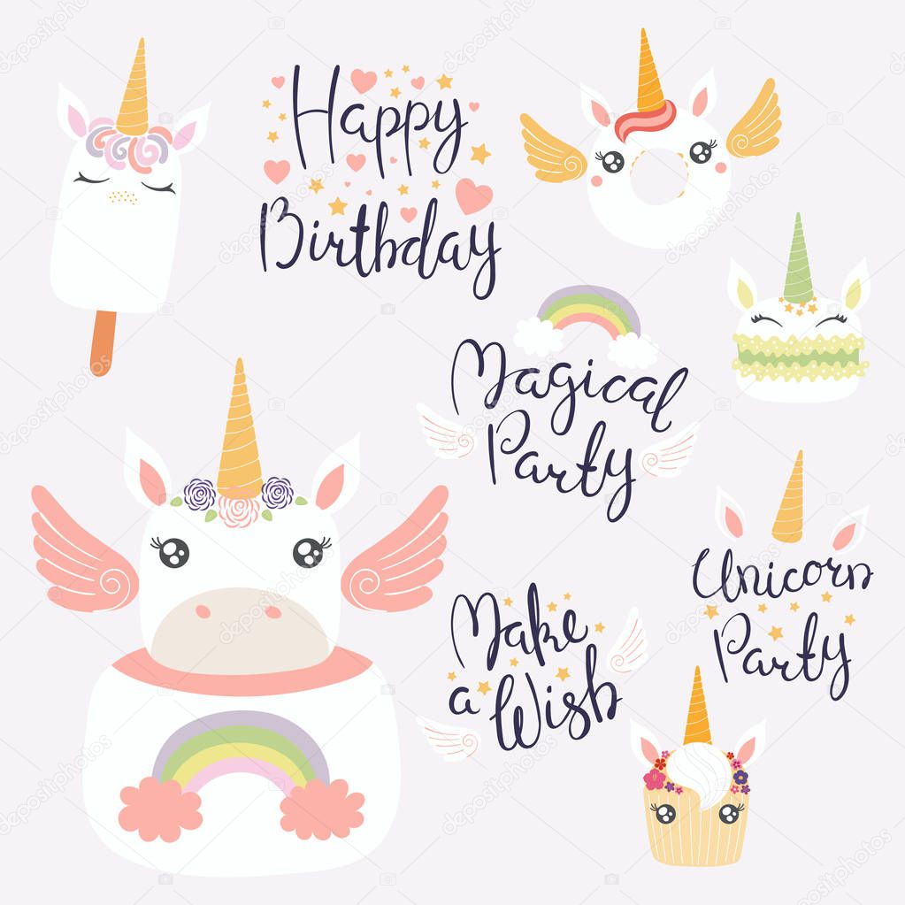 Set of hand written birthday lettering quotes with desserts and cute unicorn faces for greeting cards