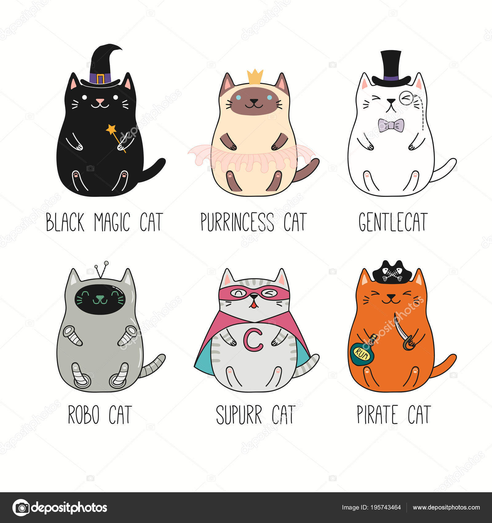 Set Hand Drawn Kawaii Cats Costumes Isolated White Background