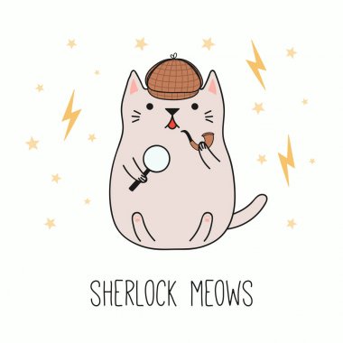 Kawaii komik Dedektif kedi deerstalker şapkalı Büyüteç ve boru, çocuklar yazdırma için tasarım konsepti ile çizilmiş vektör çizim el 