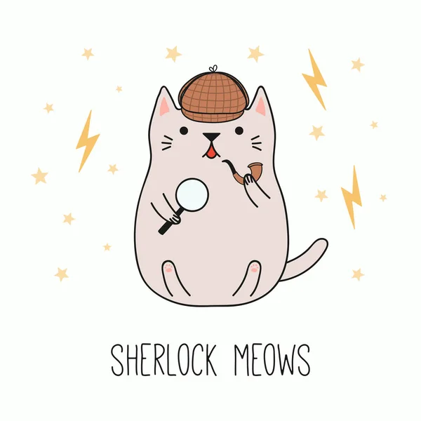 Ilustración Vectorial Dibujada Mano Kawaii Divertido Gato Detective Sombrero Acosador — Vector de stock