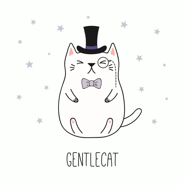 Hand Dras Vektorillustration Kawaii Roliga Gentleman Katt Hatt Med Fluga — Stock vektor