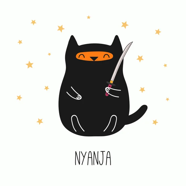 Ręka Ciągnione Wektor Ilustracja Kot Śmieszne Ninja Kawaii Trzymając Miecz — Wektor stockowy