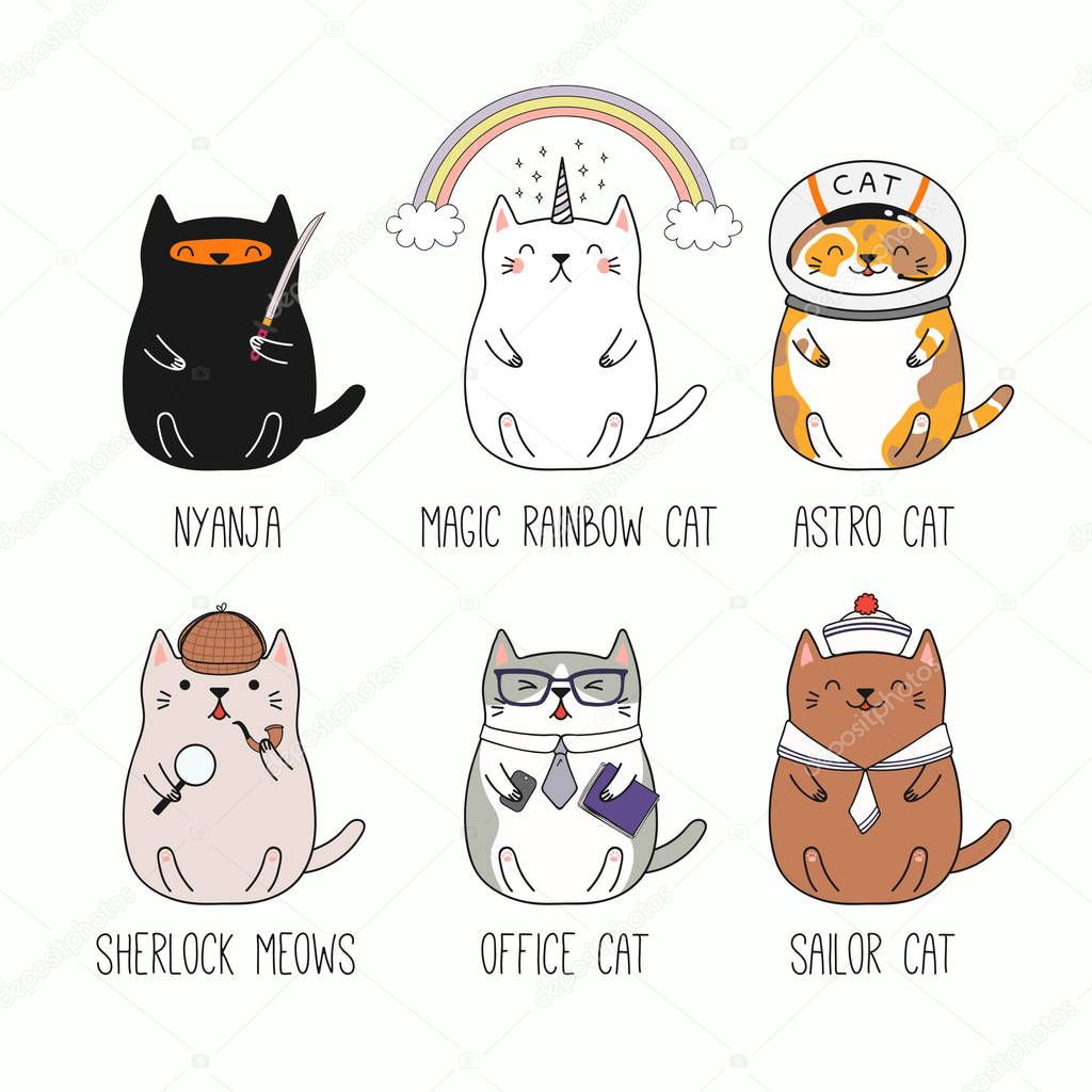 Set of hand drawn kawaii cats in costumes isolated on white background, vector, illustration, Design concept for children print