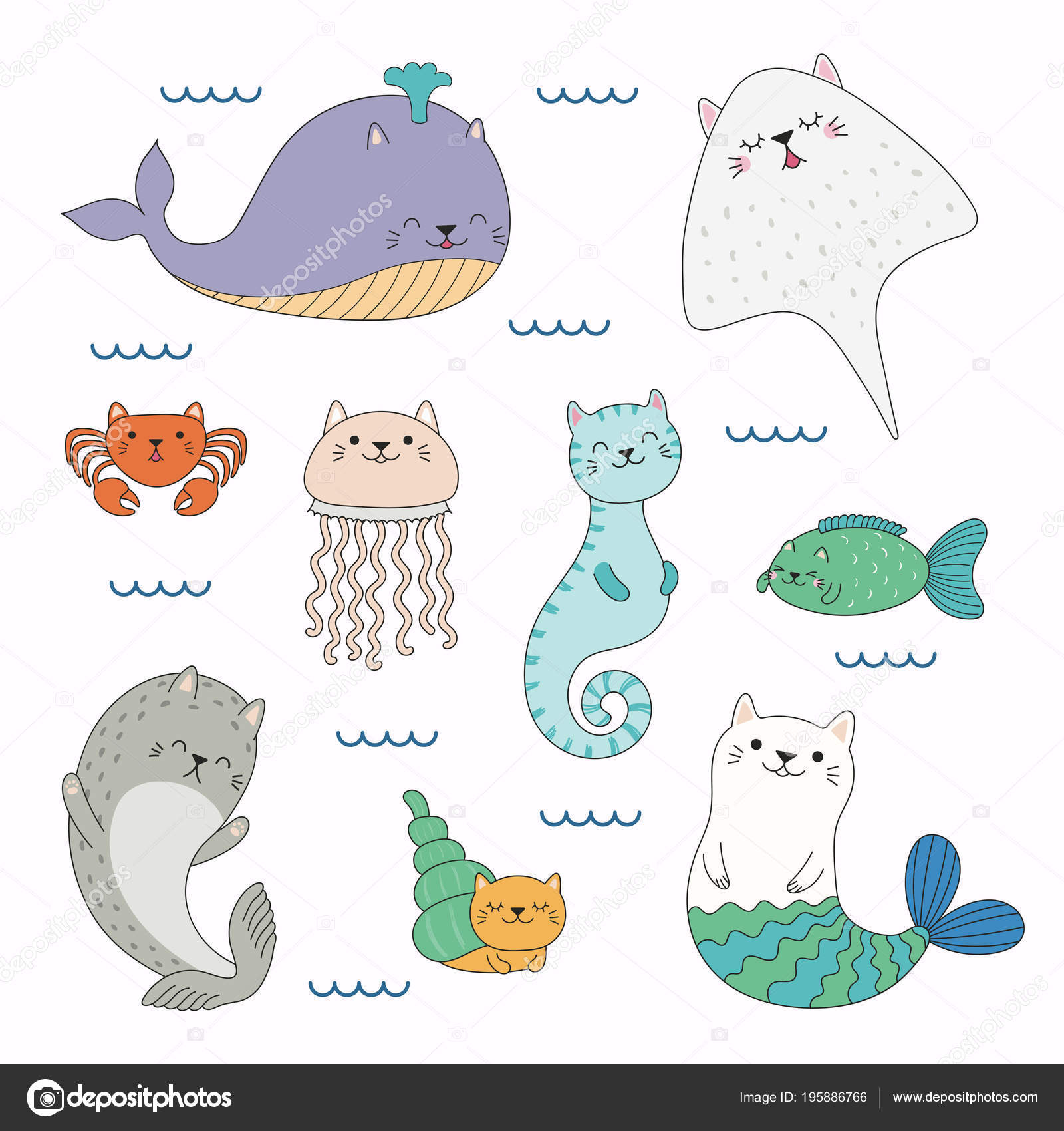 海で泳ぐ猫耳かわいい面白い海の動物の描かれたベクター イラストを手