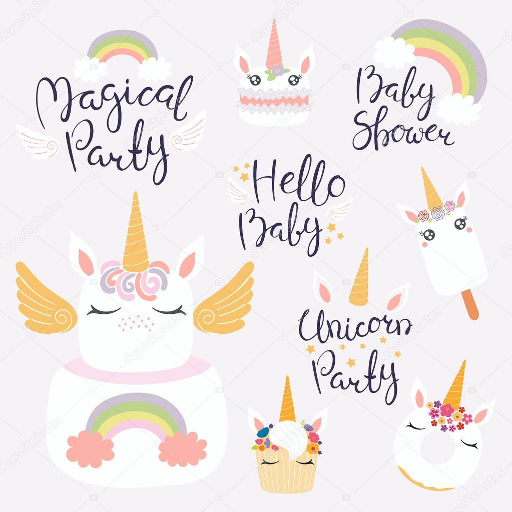 Set of hand written lettering quotes and desserts with cute unicorn faces for greeting cards,  vector, illustration