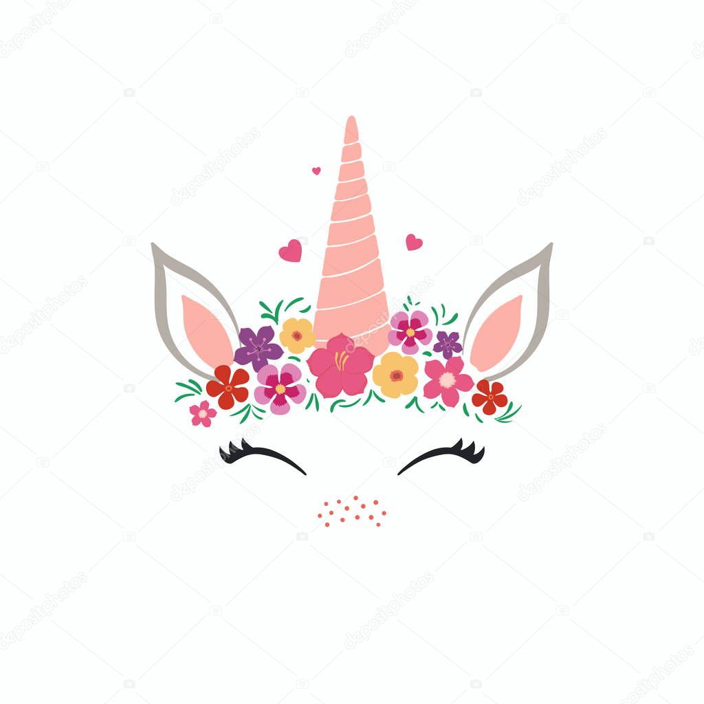 Hand drawn vector illustration of cute funny unicorn face cake decoration with flowers, Concept for children print