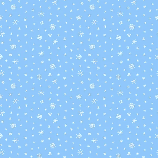 雪が降る 雪が降る 明るい青の背景に白い異なる雪のフレークでシームレスなベクトルパターンを描いた手 北欧風のフラットデザイン 冬の子供のためのコンセプト Print — ストックベクタ