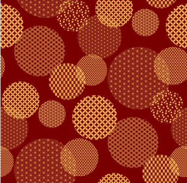 Çin Yeni Yılı, kırmızı arka planda geleneksel desenli, kusursuz geometrik desenli altın halkalar. Vektör çizimi. Tatil afişi için kavram