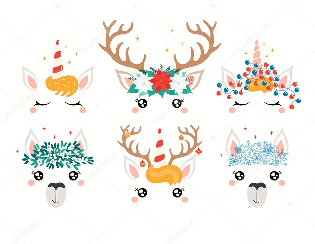 Christmas set with cute unicorn, llama, reindeer faces, in flower wreaths isolated on white background, Concept for holiday print