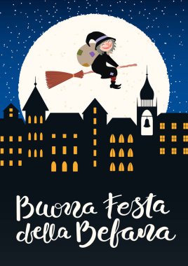 Şehrin üzerinde uçan cadı Befana 'nın el çizimi vektör çizimi, İtalyan metni Buona Festa della Befana, Mutlu Epifani. Tatil kartı, poster ve afiş kavramı.