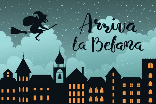 Ilustración Vectorial Dibujada Mano Con Bruja Befana Volando Palo Escoba — Vector de stock