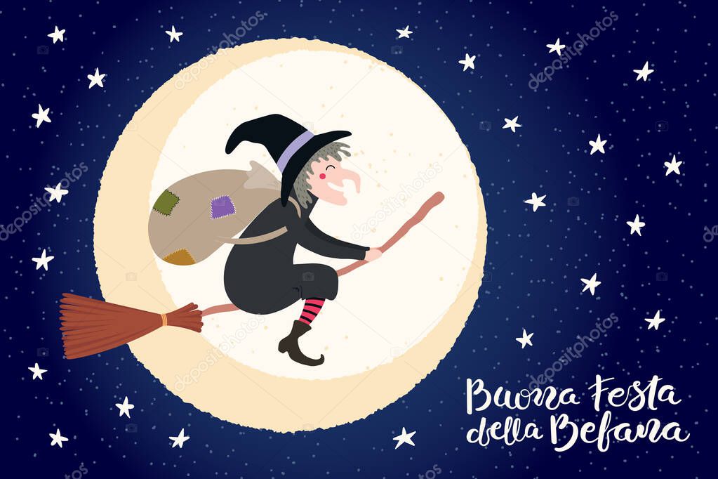 Hand drawn vector illustration with witch Befana flying on broomstick, moon, stars, Italian text Buona Festa della Befana, Happy Epiphany. Concept for holiday card 