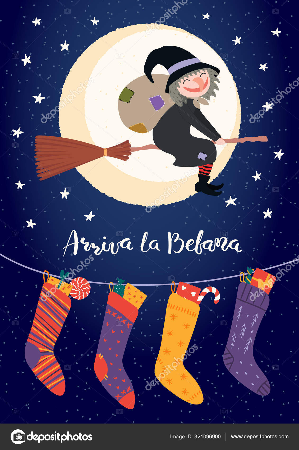 Hand Drawn Vector Illustration Witch Befana Flying Broomstick Stockings  Italian Stock Vector by ©Maria_Skrigan 321096900