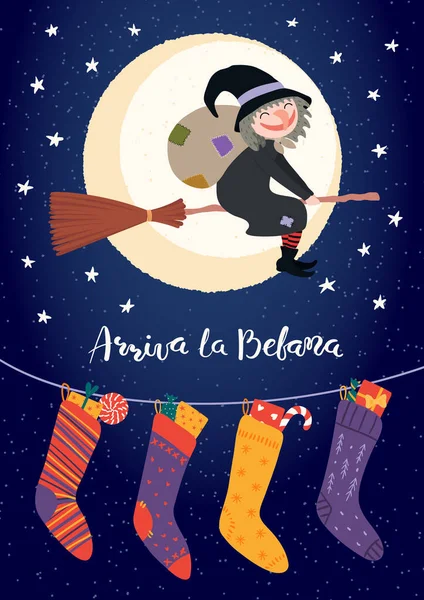 Ilustración Vectorial Dibujada Mano Con Bruja Befana Volando Palo Escoba — Archivo Imágenes Vectoriales