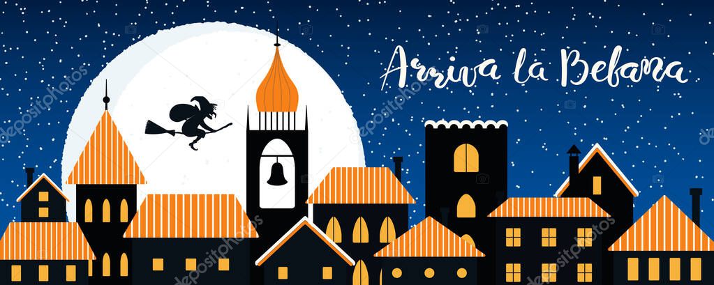 Hand drawn vector illustration with witch Befana flying on broomstick over city, Italian text Arriva la Befana, Befana arrives. Concept for Epiphany holiday card