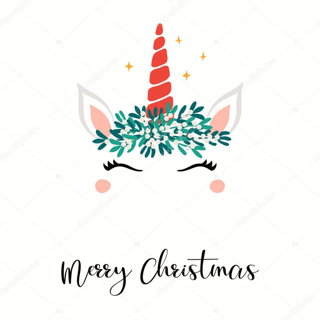 Hand drawn card with cute unicorn face in mistletoe crown, stars, text Merry Christmas isolated on white background, Concept for holiday print