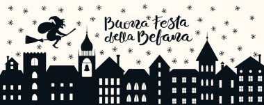 Şehrin üzerinde uçan cadı Befana 'nın el çizimi vektör çizimi, İtalyan metni Buona Festa della Befana, Mutlu Epifani. Düz stil tasarım. Tatil kartı konsepti