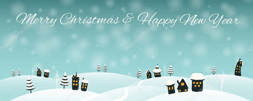Vector illustration of winter sky over country landscape with falling snow, text Merry Christmas and Happy New Year. Concept for holiday background