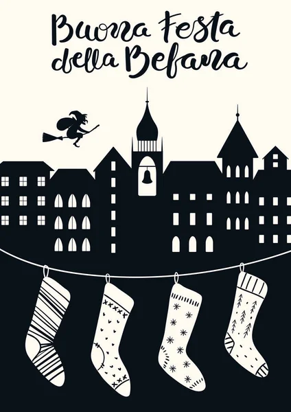 Ilustración Vectorial Dibujada Mano Con Bruja Befana Volando Palo Escoba — Archivo Imágenes Vectoriales