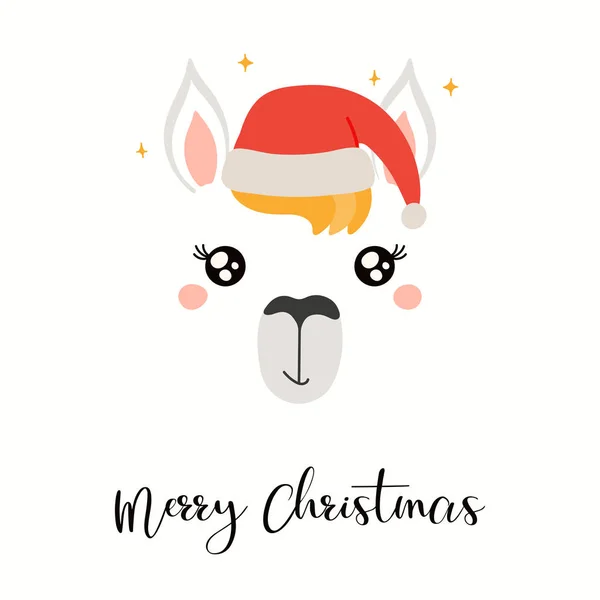 Hand Drawn Card Cute Llama Face Santa Claus Hat Stars — Stock Vector