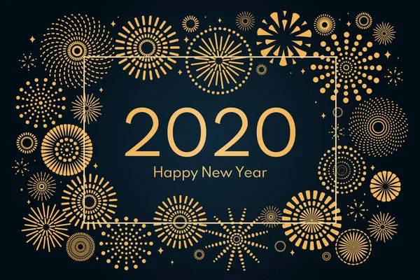 矢量插图与金色烟花框架深蓝色背景 文字2020新年快乐 节日庆祝的概念 — 图库矢量图片