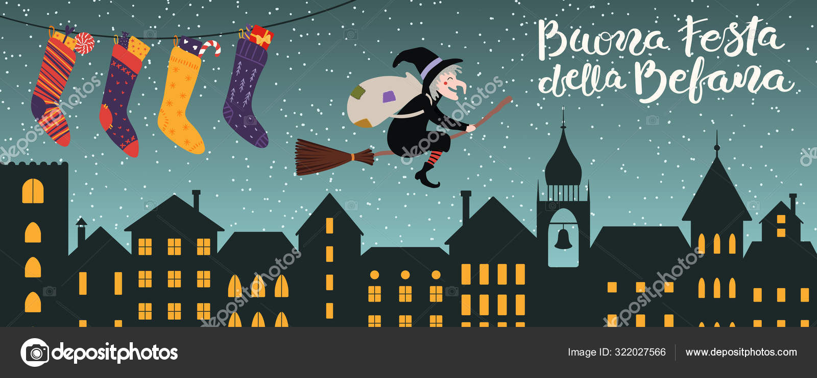 Hand Drawn Vector Illustration Witch Befana Flying Broomstick Stockings  Italian Stock Vector by ©Maria_Skrigan 321096900