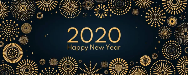 矢量插图与明亮的金色烟火在深蓝色背景 文字2020新年快乐 节日庆祝的概念 — 图库矢量图片