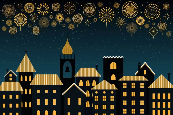 Векторная Иллюстрация Золотыми Фейерверками Ночном Небе Над Черным Городом Концепция — стоковый вектор