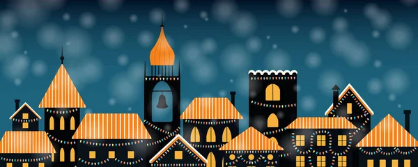 Illustrazione Vettoriale Dello Skyline Della Città Invernale Con Luci Colorate — Vettoriale Stock