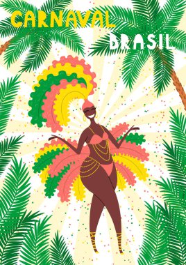 Parlak kostümlü, avuç içi, Portekizce yazı yazan güzel bir kadınla el çizimi vektör çizimi. Rio de Janeiro için konsept, Brezilya karnaval posteri
