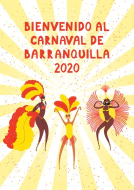Parlak kostümlü dansçı kızlarla el çizimi vektör çizimi, İspanyol metni Bienvenido al Carnaval de Barranquilla 2020, Karnaval 'a hoş geldiniz. Kolombiya Karnaval posteri için kavram