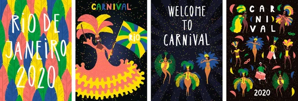 Conjunto Carteles Carnaval Brasileño Con Gente Bailando Trajes Brillantes Plumas — Vector de stock