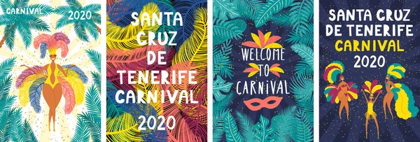 Conjunto Carteles Carnaval Santa Cruz Tenerife Con Bailarinas Trajes Brillantes — Vector de stock