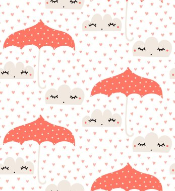 Güzel yağmur bulutları ve beyaz arka planda kırmızı şemsiyeli kalplerle el çizimi kusursuz vektör deseni. İskandinav tarzı düz tasarım. Sevgililer Günü Tekstil baskısı kavramı