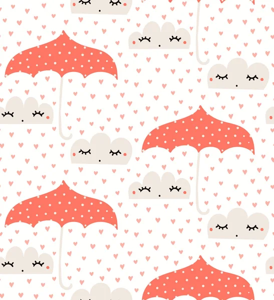 Hand drawn seamless vector pattern with cute rain clouds and hearts with red umbrellas on white background. Scandinavian style flat design. Concept Valentines day textile print
