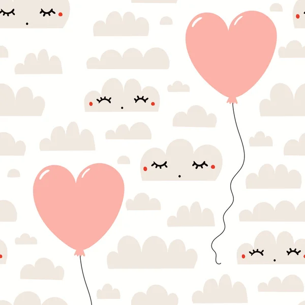 Hand Drawn Seamless Vector Pattern Cute Clouds Heart Shaped Air — Stock Vector