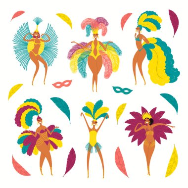 Beyaz arka planda izole edilmiş parlak kostümlü güzel dansçı kızlar. Düz stil tasarım. Barranquilla Karnaval posteri için element