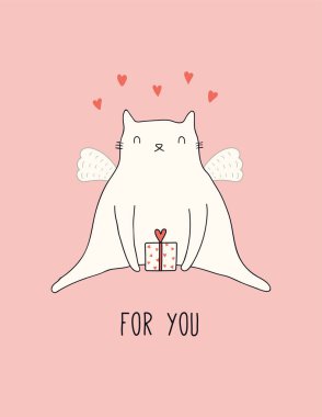 Kanatlı, hediyeli, kalpli, mesajlı sevgililer günü kartı. Vektör illüstrasyonu. Tatil baskısı için tasarım kavramı