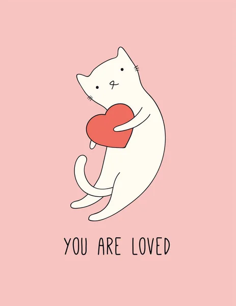 Hand Drawn Valentines Day Card Cute Cat Holding Heart Text — 스톡 벡터