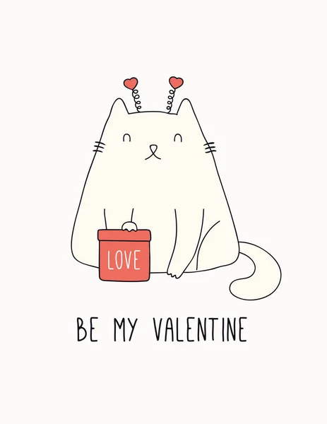 Hand Drawn Valentines Day Card Cute Fat Cat Gift Hearts — 스톡 벡터