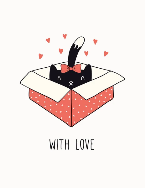 Hand Drawn Valentines Day Card Cute Cat Box Hearts Text — 스톡 벡터