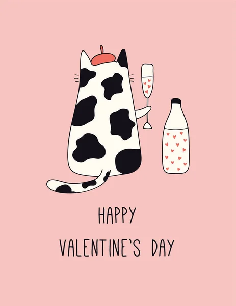 Hand Drawn Card Cute Cat Beret Drinking Milk Hearts Text — 스톡 벡터