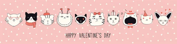 Tarjeta Dibujada Mano Con Lindos Gatos Sombreros Gafas Con Corazones — Vector de stock