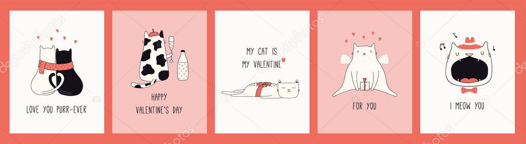 Collection of hand drawn Valentines day greeting cards with cute cats in hats, hearts, gifts, quotes. Vector illustration.Design concept for holiday print