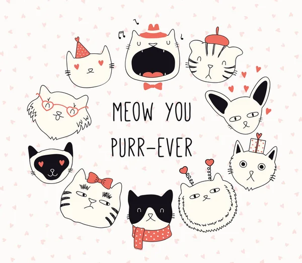 Cartão Dia Valentim Desenhado Mão Com Gatos Bonitos Chapéus Com —  Vetores de Stock