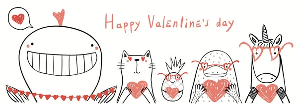 Ručně Kreslené Vektorové Ilustrace Roztomilé Kočky Velryby Jednorožec Platýs Ananas — Stockový vektor
