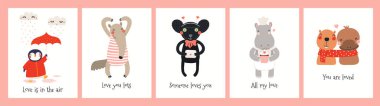 Collection of Valentines day cards with cute funny animals, hearts, quotes isolated on white background. Scandinavian style flat design. Concept for kids print 